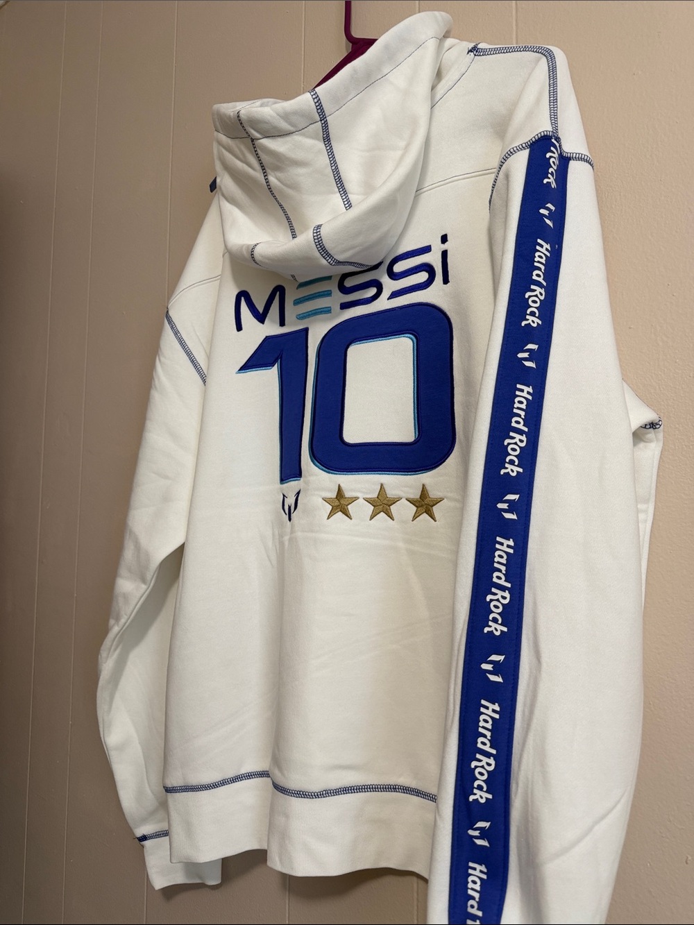 Hard Rock Cafe MESSI, White & Blue 10 Hoodie with Gold Stars, Size Large, NWT
